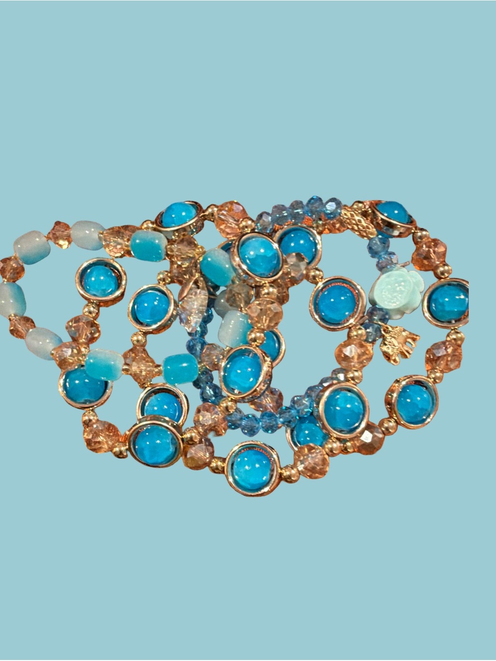 Gold-Tone Blue Beaded Stretch Bracelet Set